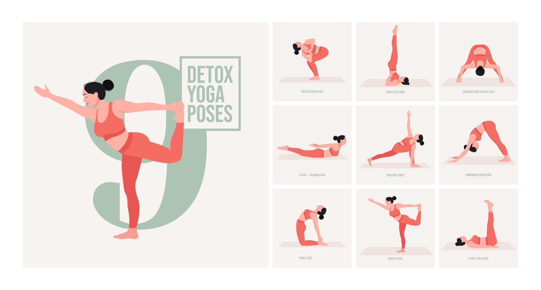 Posturas de yoga de desintoxicación. mujer joven practicando pose de yoga. mujer entrenamiento fitness, aeróbicos y ejercicios. vector