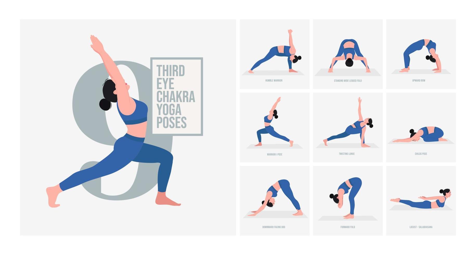 Posturas de yoga del chakra del tercer ojo. mujer joven practicando pose de yoga. mujer entrenamiento fitness, aeróbicos y ejercicios. vector