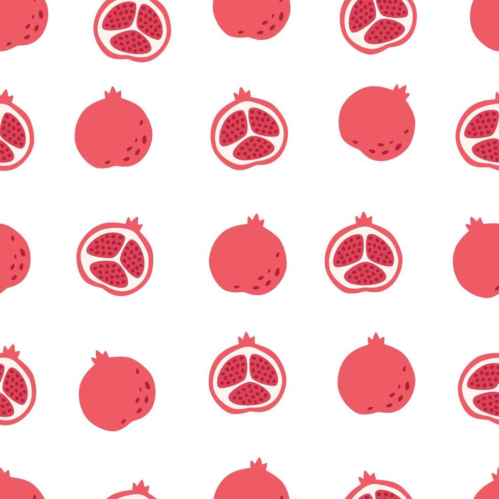 Fresh pomegranate seamless pattern. Exotic and tropical fruit seamless pattern. Healthy food. Flat, hand drawn texture for wallpaper, textile, fabric, paper vector