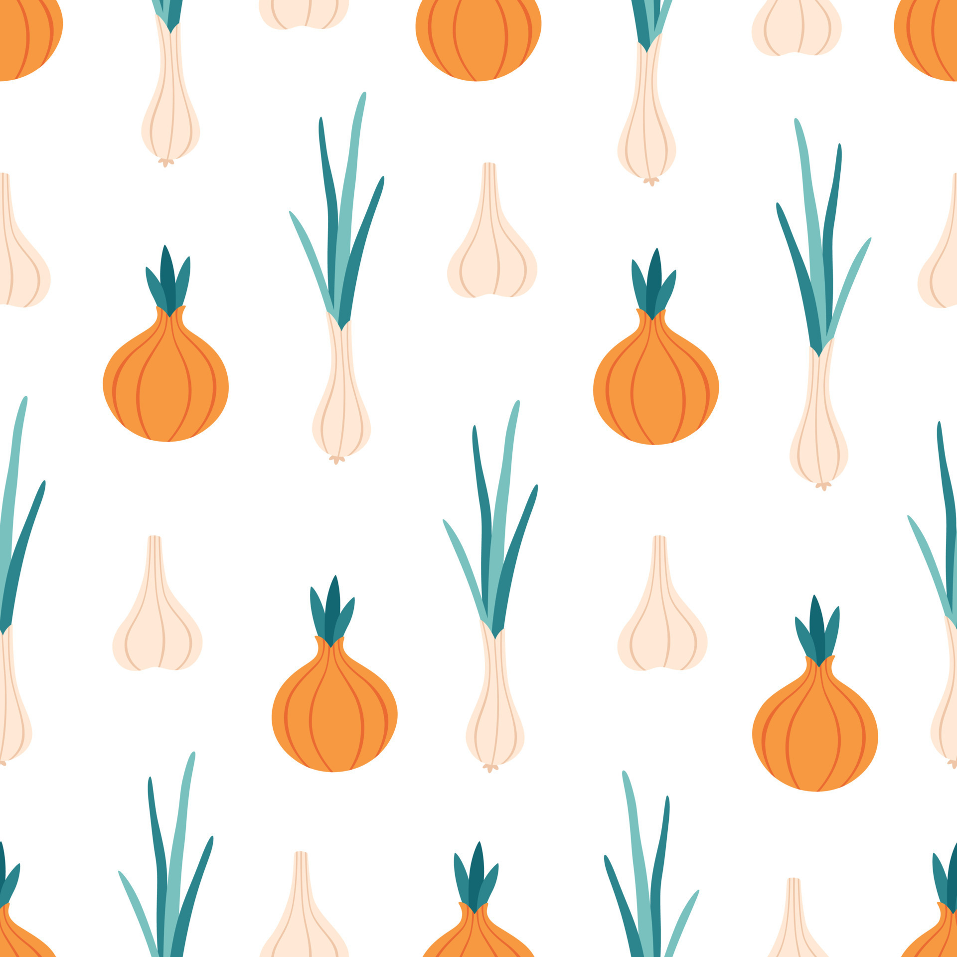 Onion, green onion and garlic seamless pattern. Vegetable seamless