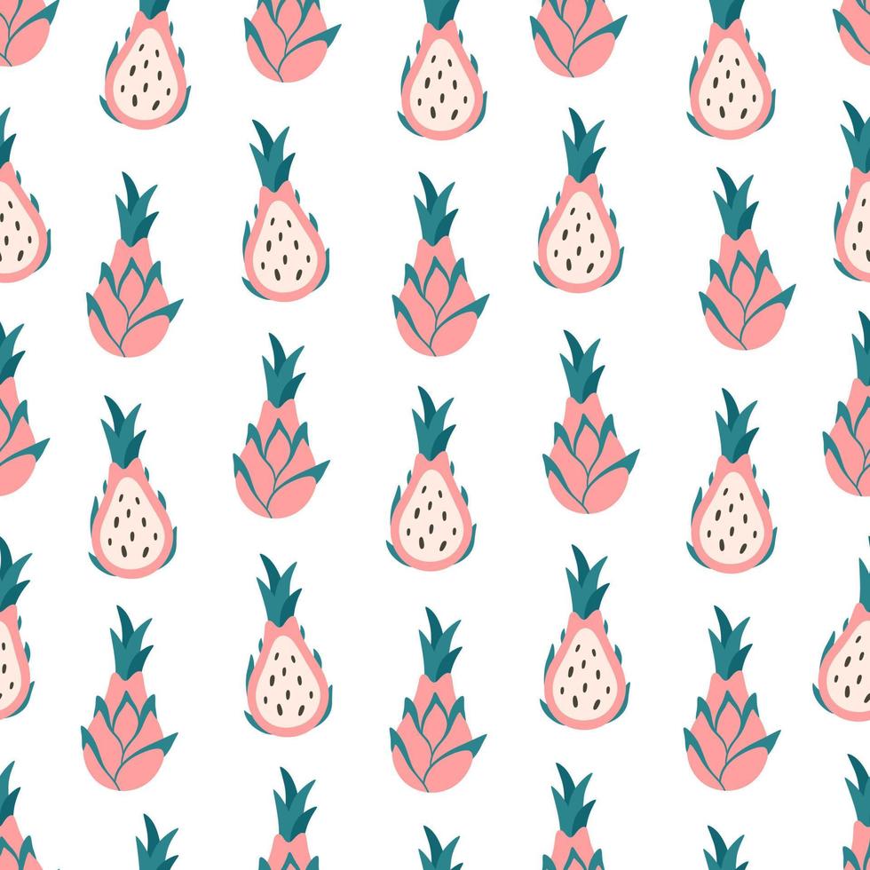 Fresh pitaya, dragon fruit seamless pattern. Exotic and tropical fruit seamless pattern. Healthy food. vector