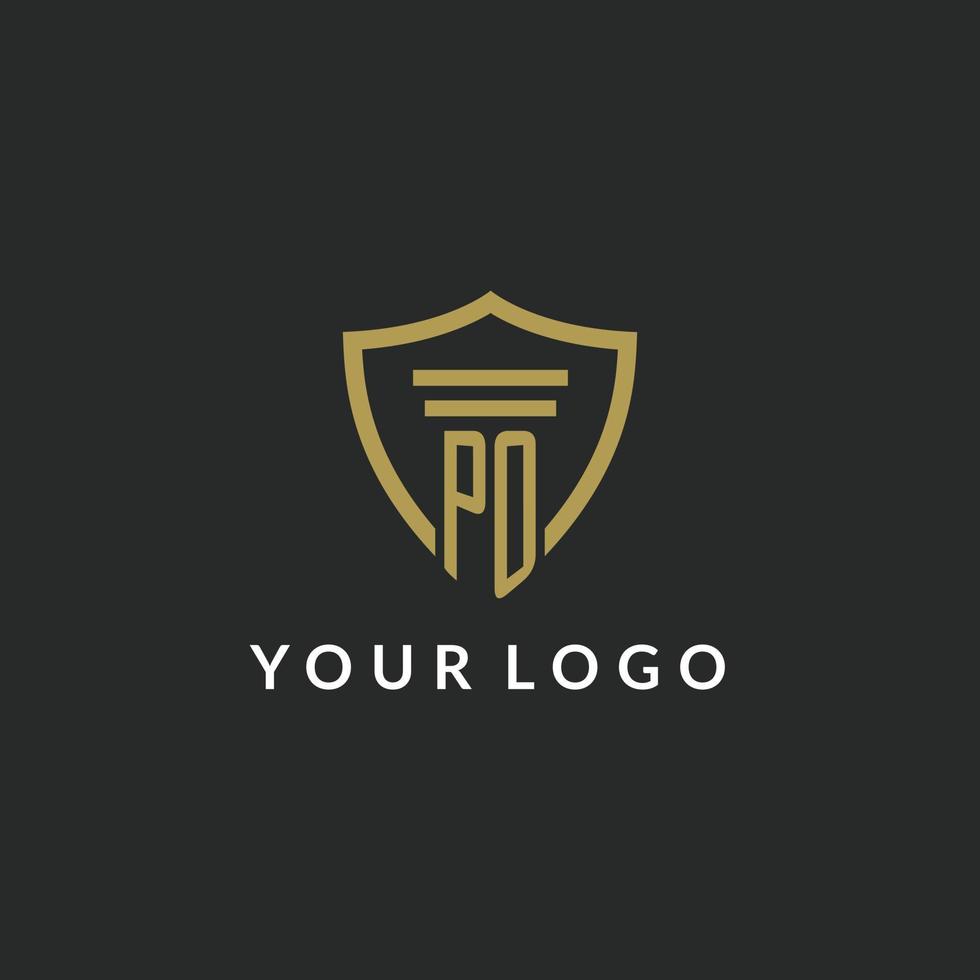 PO initial monogram logo with pillar and shield style design vector