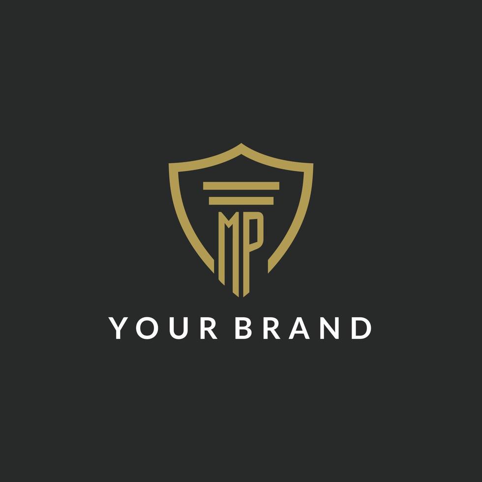 MP initial monogram logo with pillar and shield style design vector