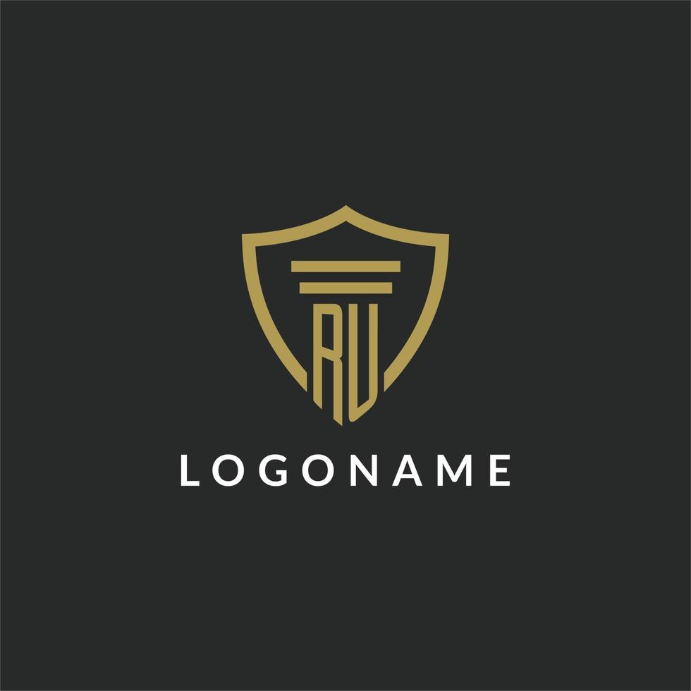 RU initial monogram logo with pillar and shield style design vector