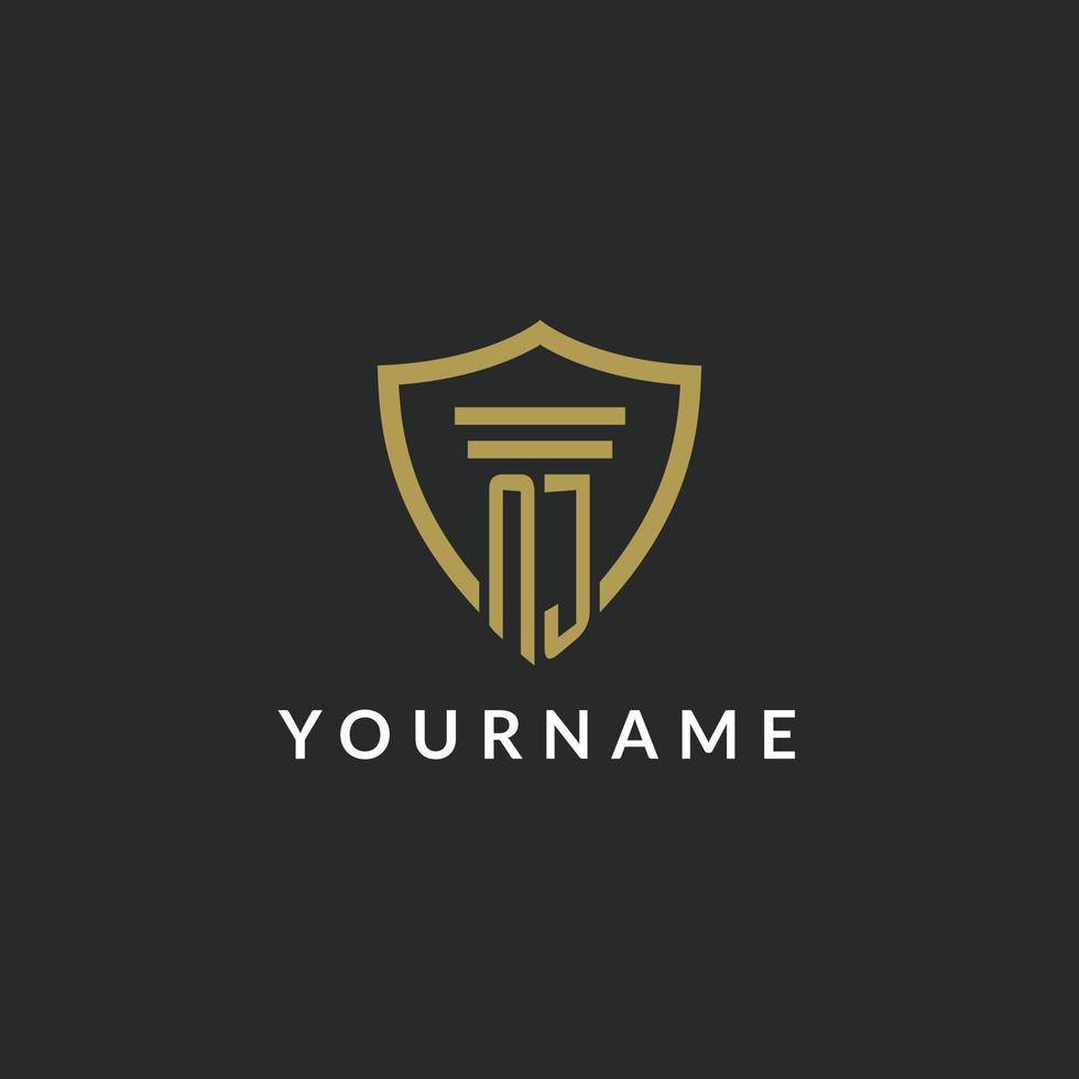 NJ initial monogram logo with pillar and shield style design vector