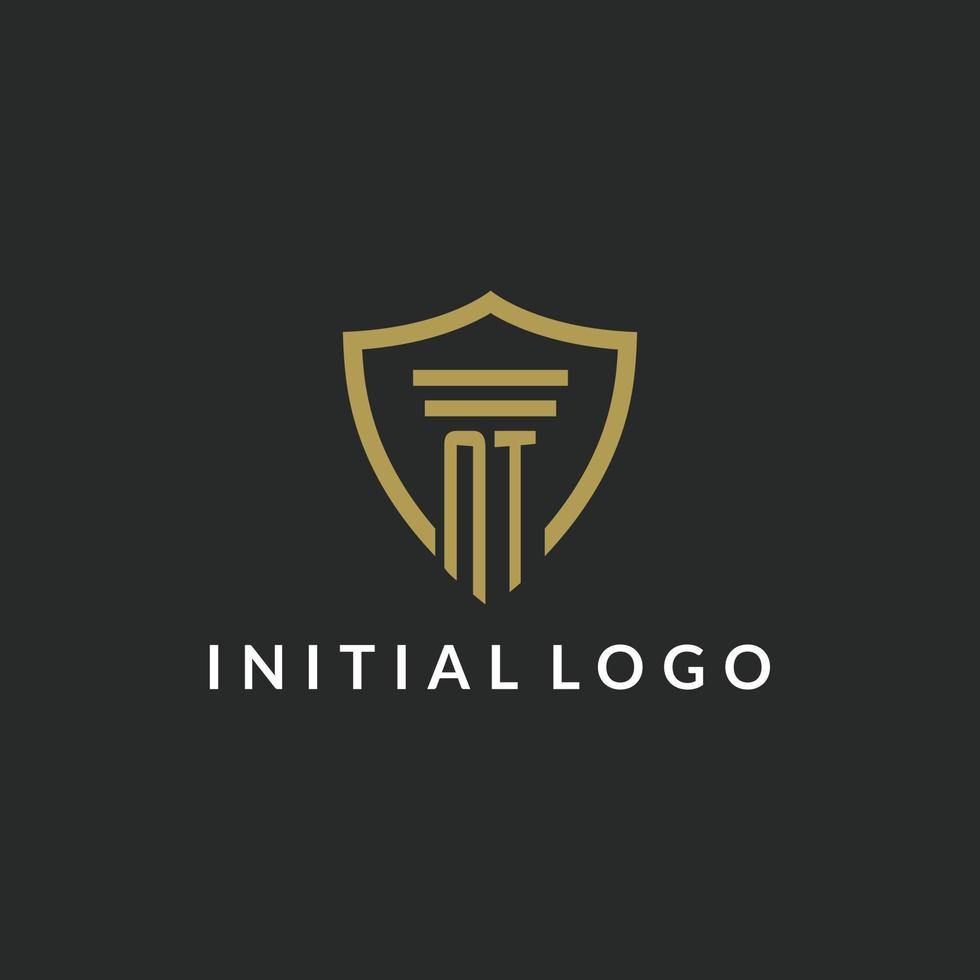 NT initial monogram logo with pillar and shield style design vector