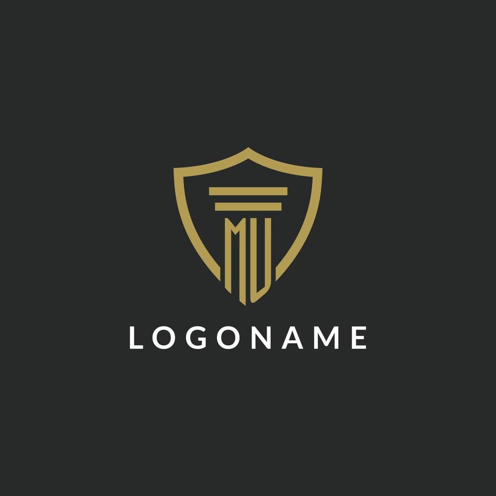 MU initial monogram logo with pillar and shield style design vector