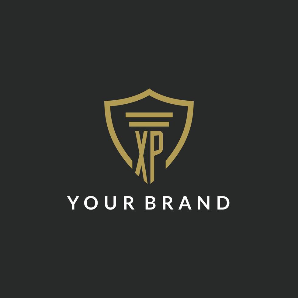 XP initial monogram logo with pillar and shield style design vector