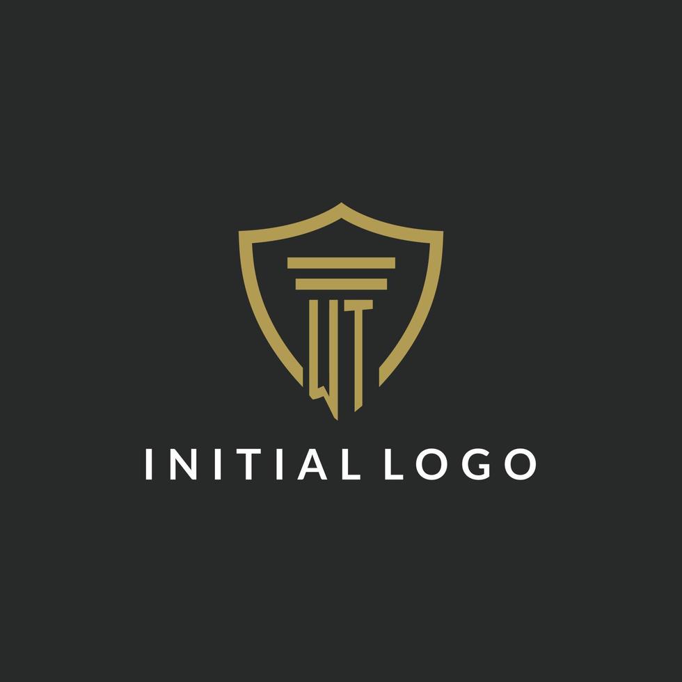 WT initial monogram logo with pillar and shield style design vector