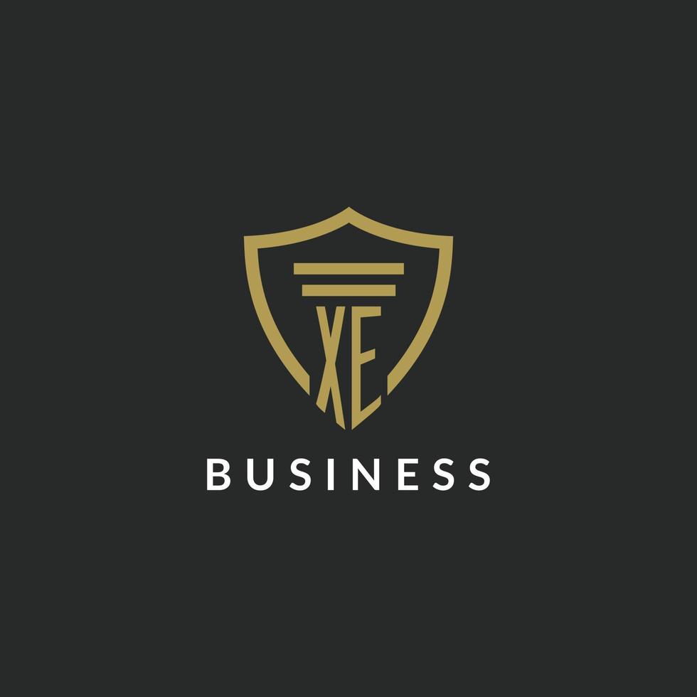 XE initial monogram logo with pillar and shield style design vector