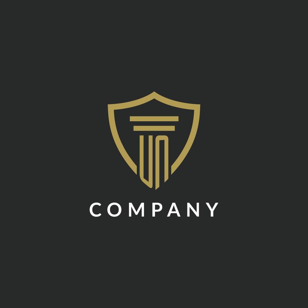 UN initial monogram logo with pillar and shield style design vector