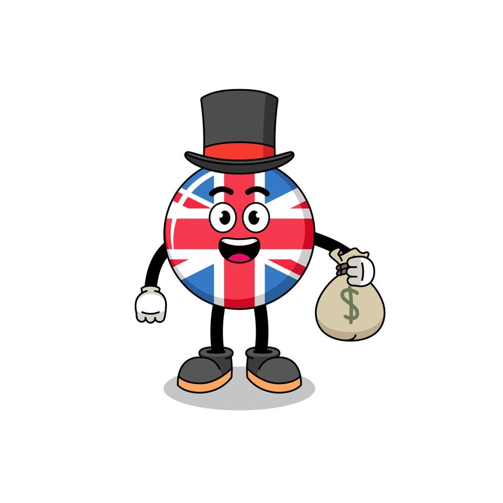 ilustración de la mascota de la bandera del reino unido hombre rico que sostiene un saco de dinero vector