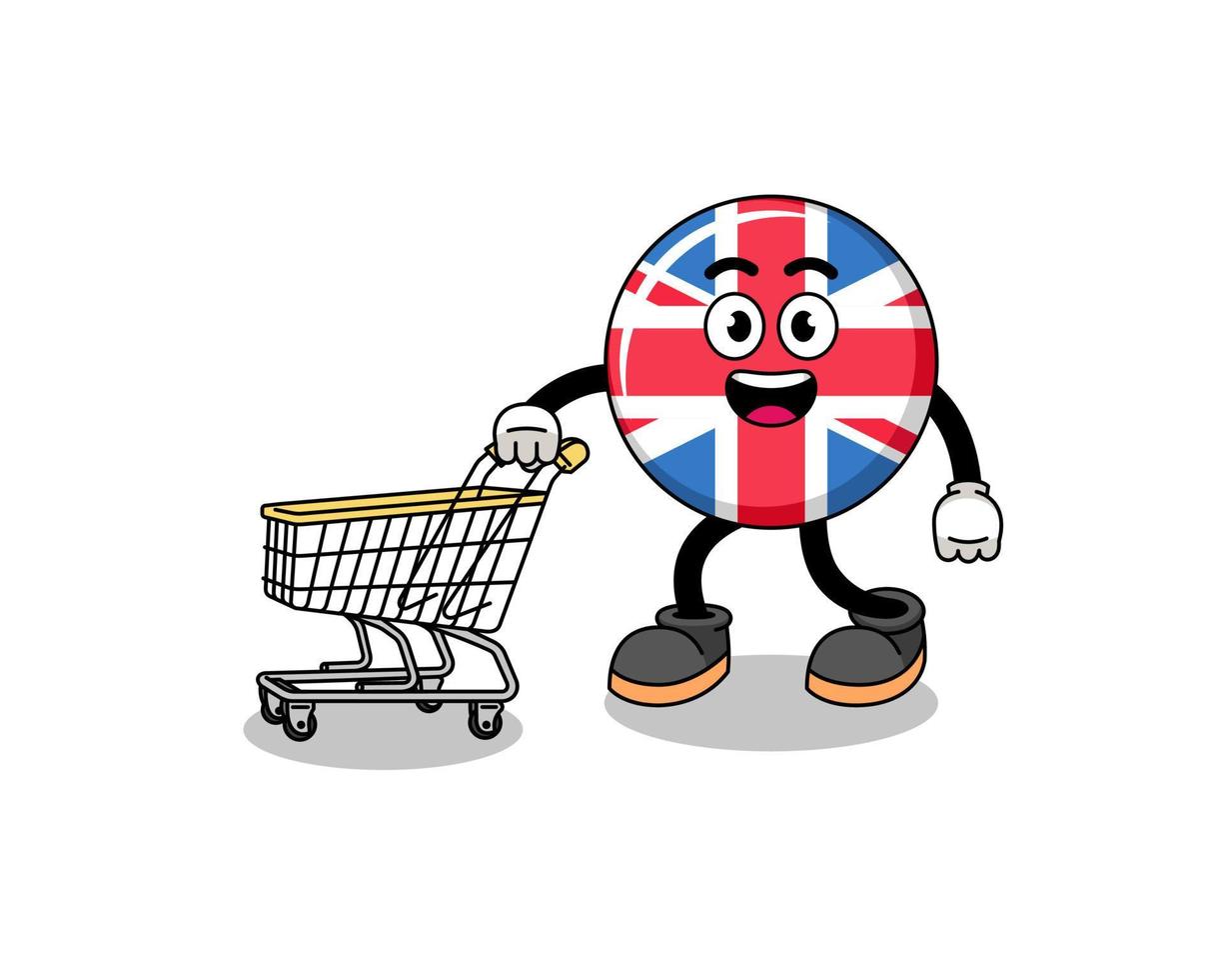 caricatura de la bandera del reino unido sosteniendo un carrito de compras vector