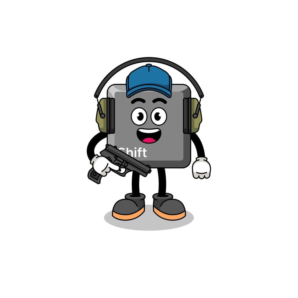 Character mascot of keyboard shift key doing shooting range vector