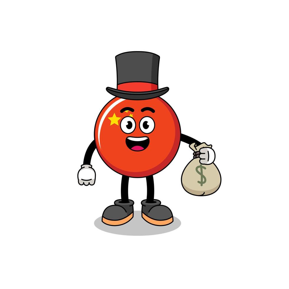 china flag mascot illustration rich man holding a money sack vector