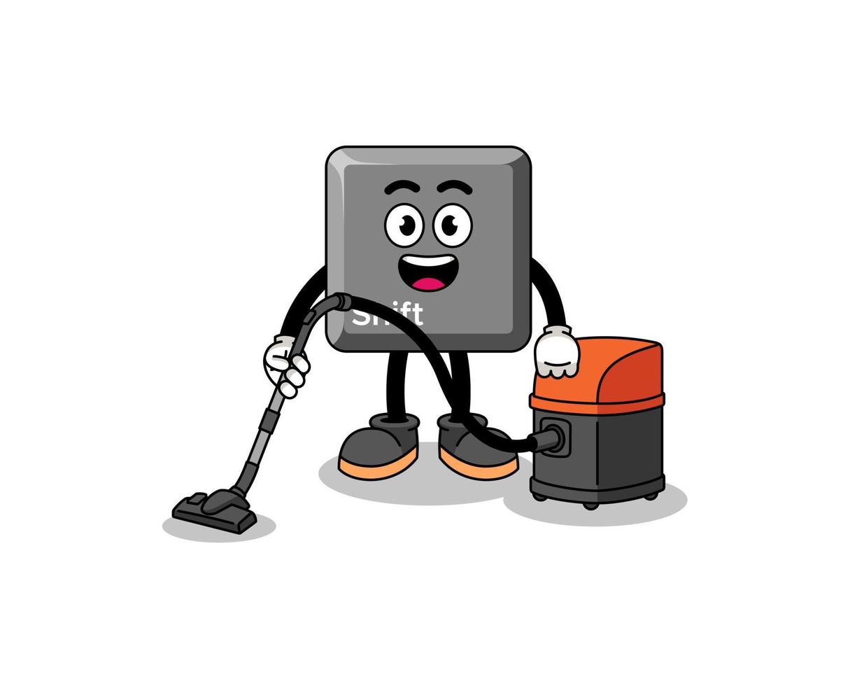 Character mascot of keyboard shift key holding vacuum cleaner vector