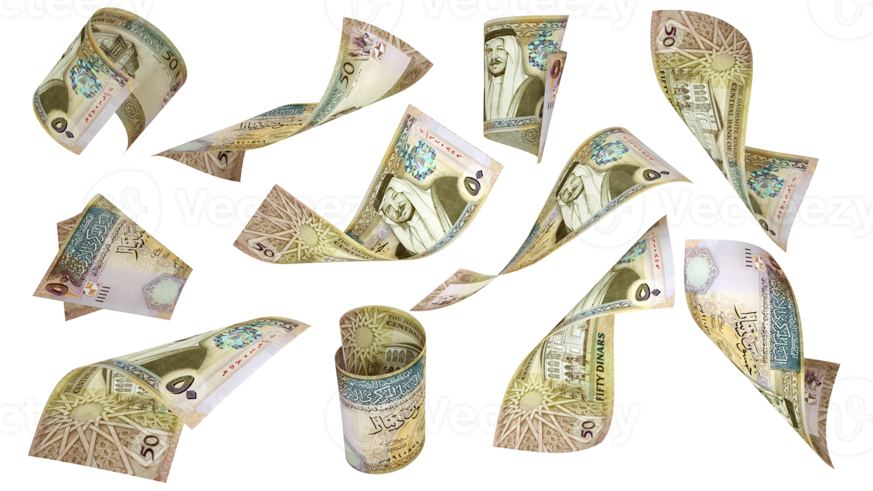 3D rendering of Jordanian dinar notes flying in different angles and orientations isolated on transparent background png