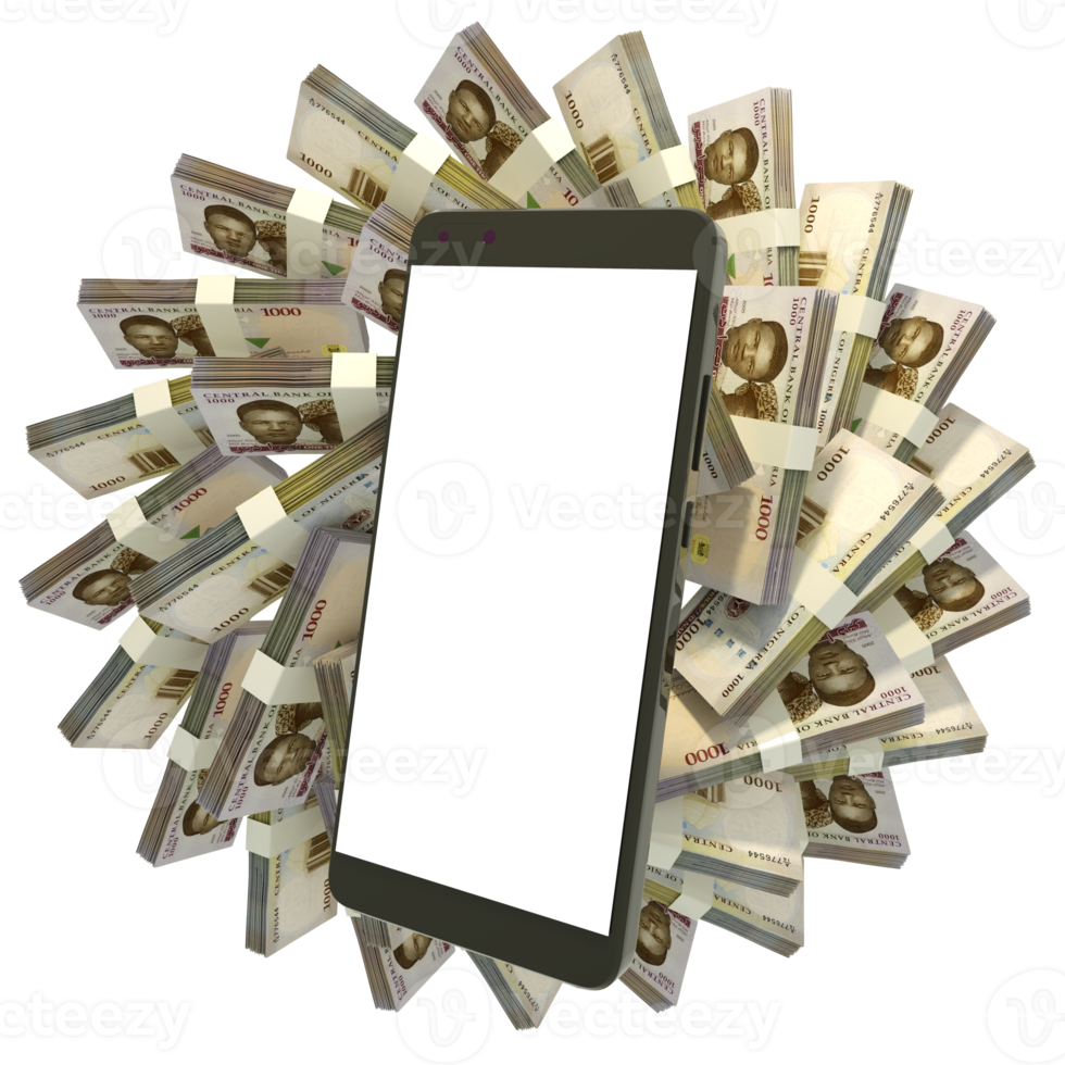 3d rendering of Nigerian naira notes behind mobile phone. Smartphone or mobile phone with stack of banknotes behind. mockup png