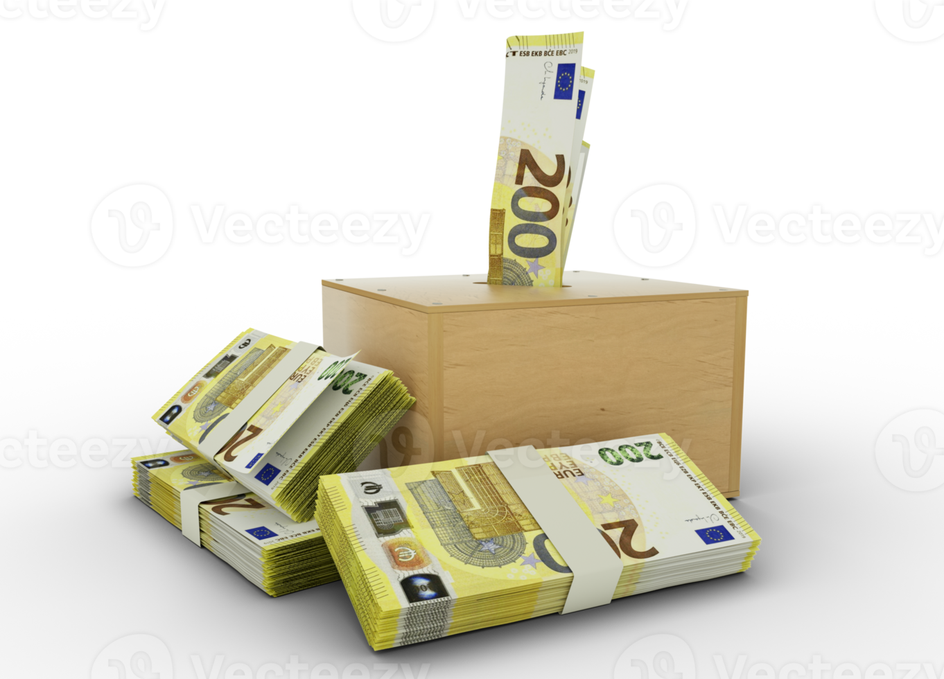 Rendu 3D de billets en euros dans une boîte d'épargne en bois 15164630 PNG