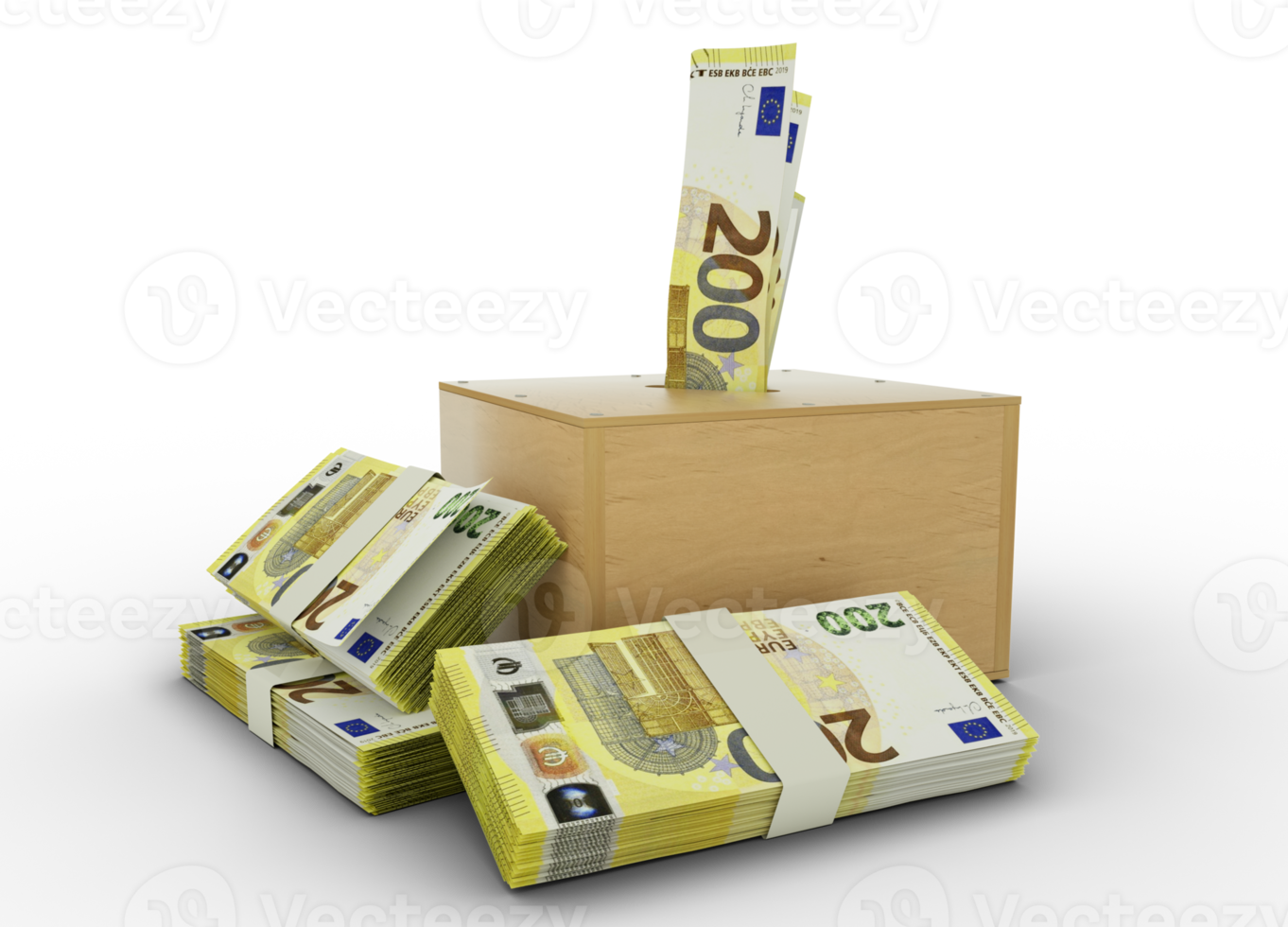 3D rendering of Euro notes in wooden Savings box png