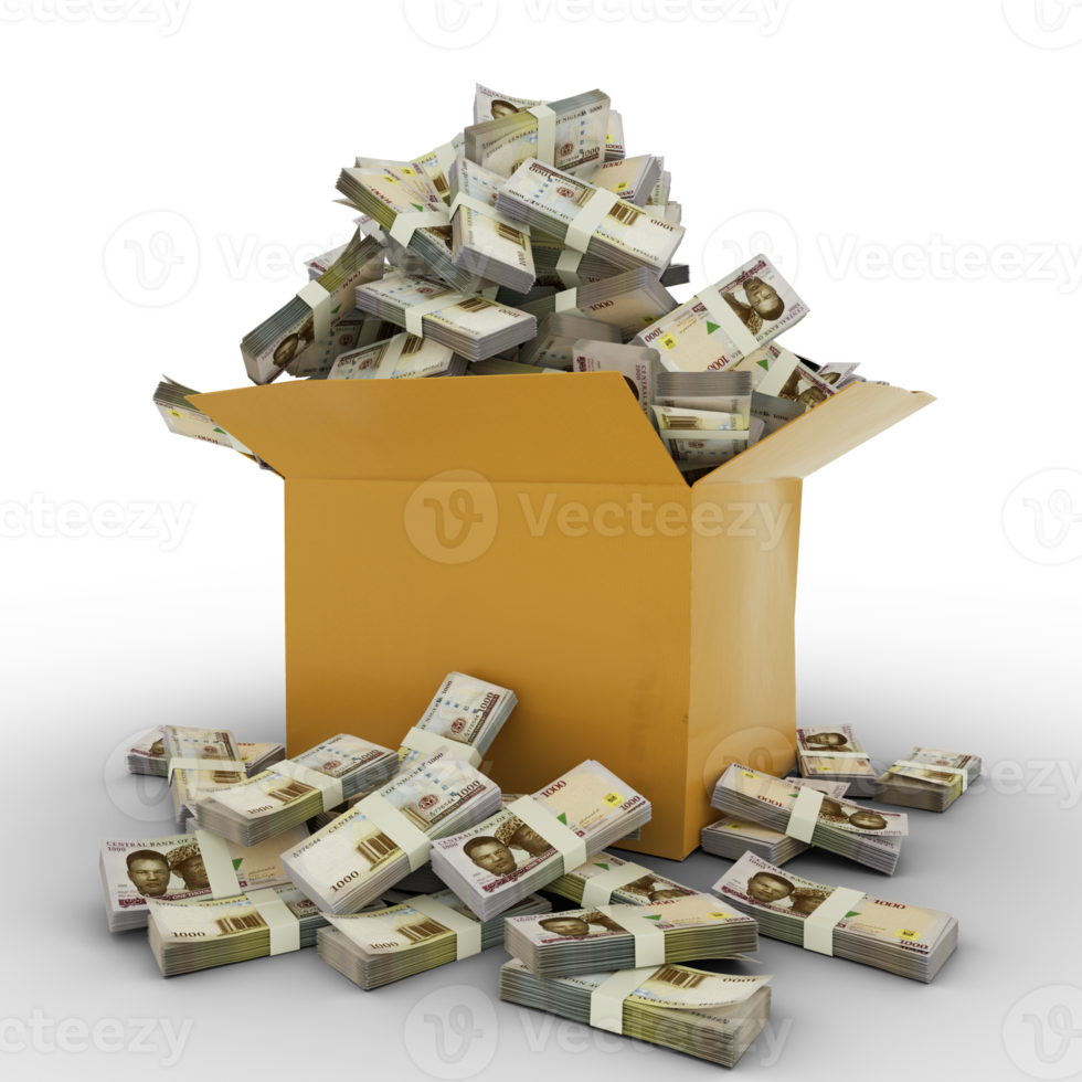 3d rendering of cardboard box full of Nigerian naira notes isolated  on a transparent background png