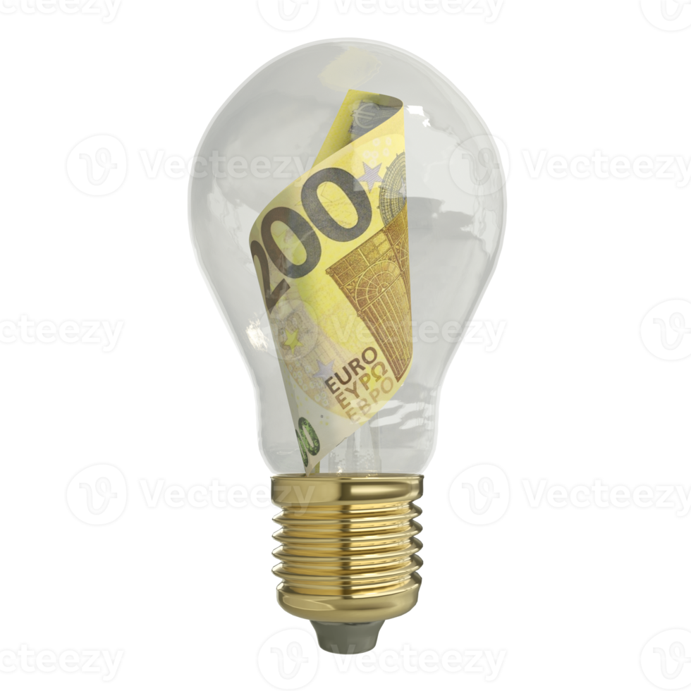 Rendu 3d de l'euro à l'intérieur d'une ampoule transparente isolée sur fond transparent, pensée créative. gagner de l'argent en résolvant un problème. notion d'idée png
