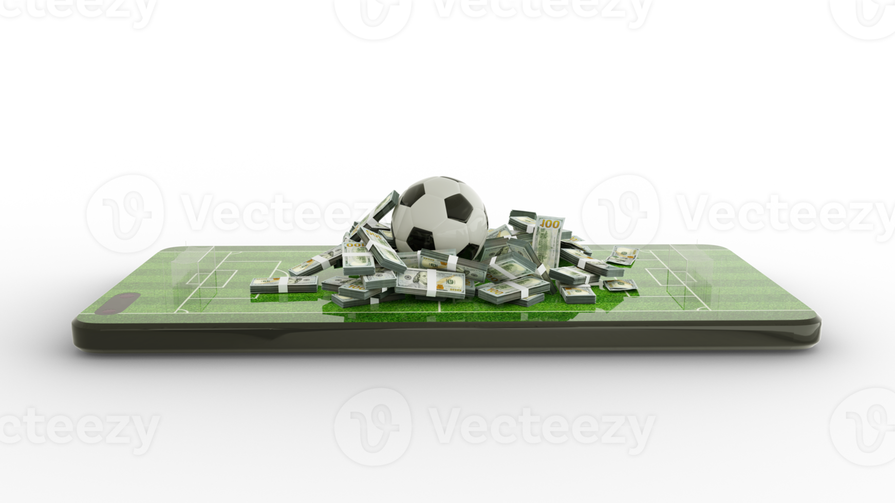 3d tolkning av fotboll fält på mobil telefon skärm. oss dollar anteckningar med fotboll på telefon skärm. fotboll kasta på smartphone skärm isolerat på transparent bakgrund. slå vad och vinna begrepp png