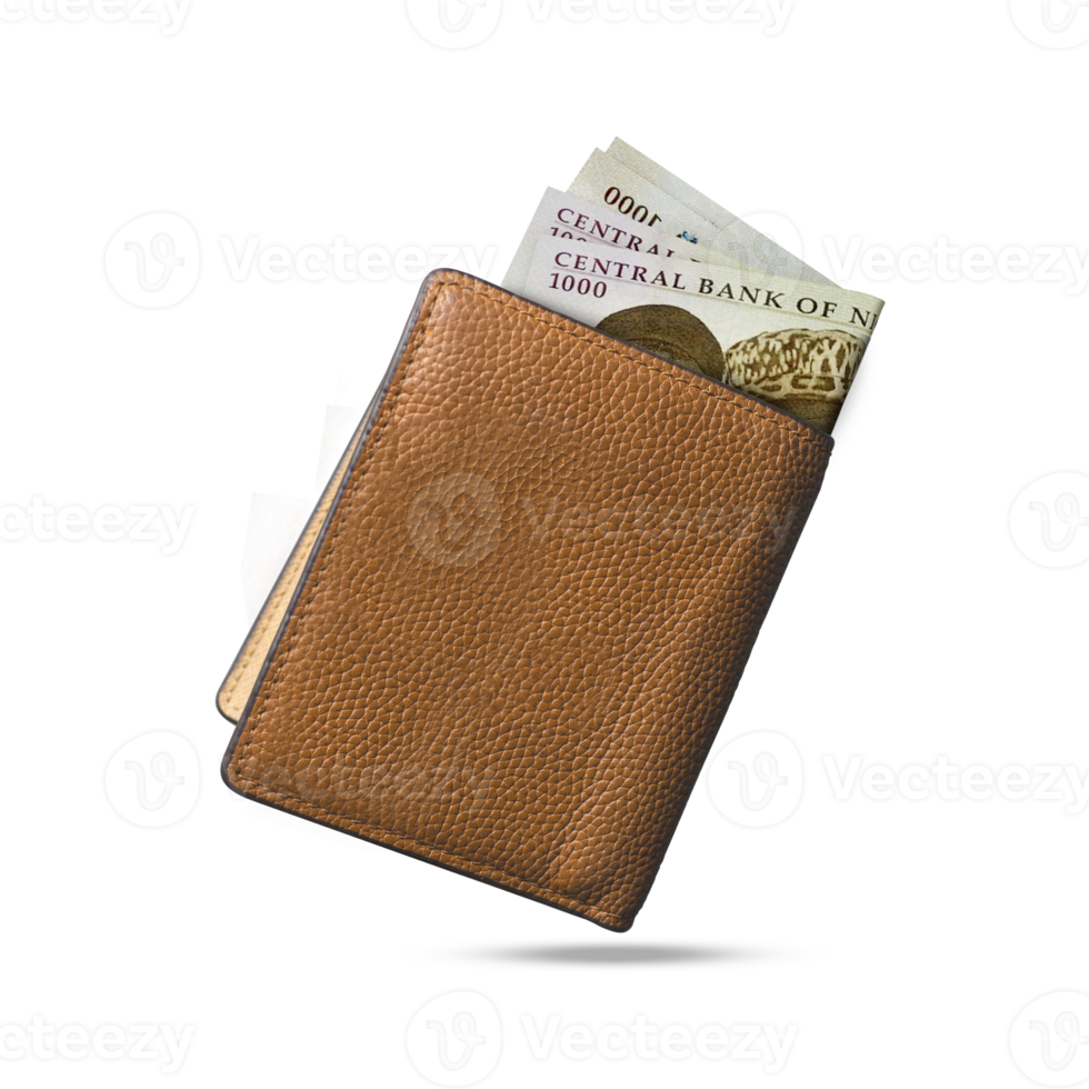 3D rendering of Nigerian naira notes popping out of a brown leather mens wallet. Kenyan shilling in wallet png