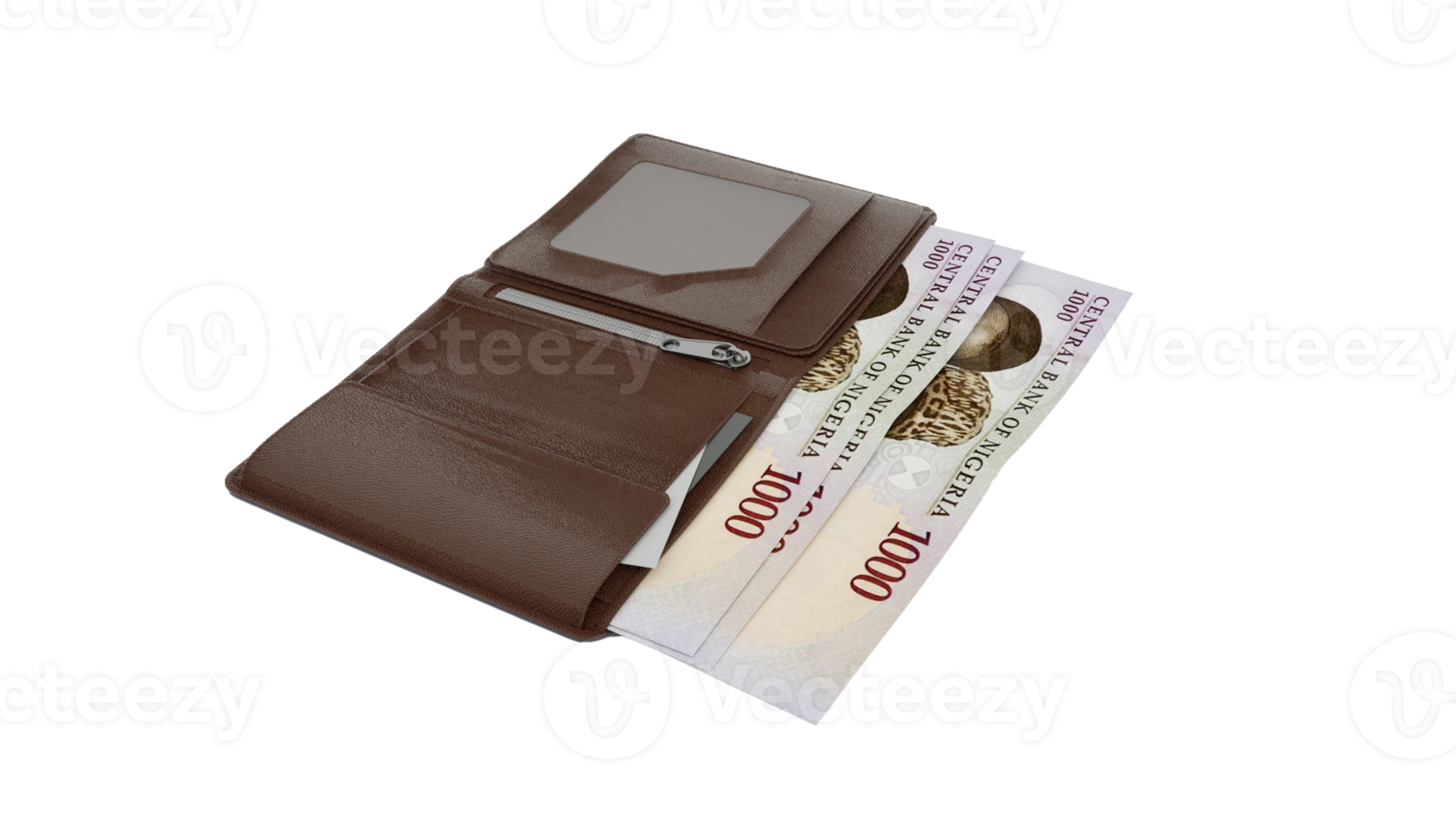 renderização 3D de notas de naira nigeriano na carteira png