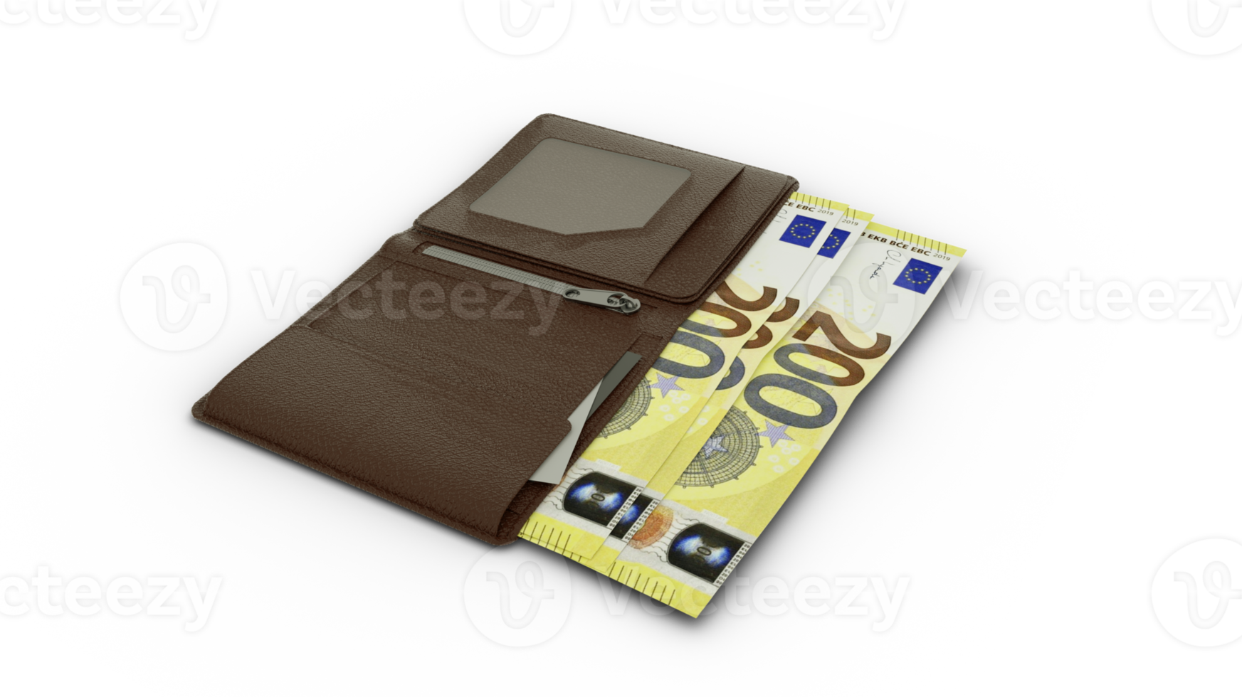 Rendu 3D des billets en euros dans le portefeuille png