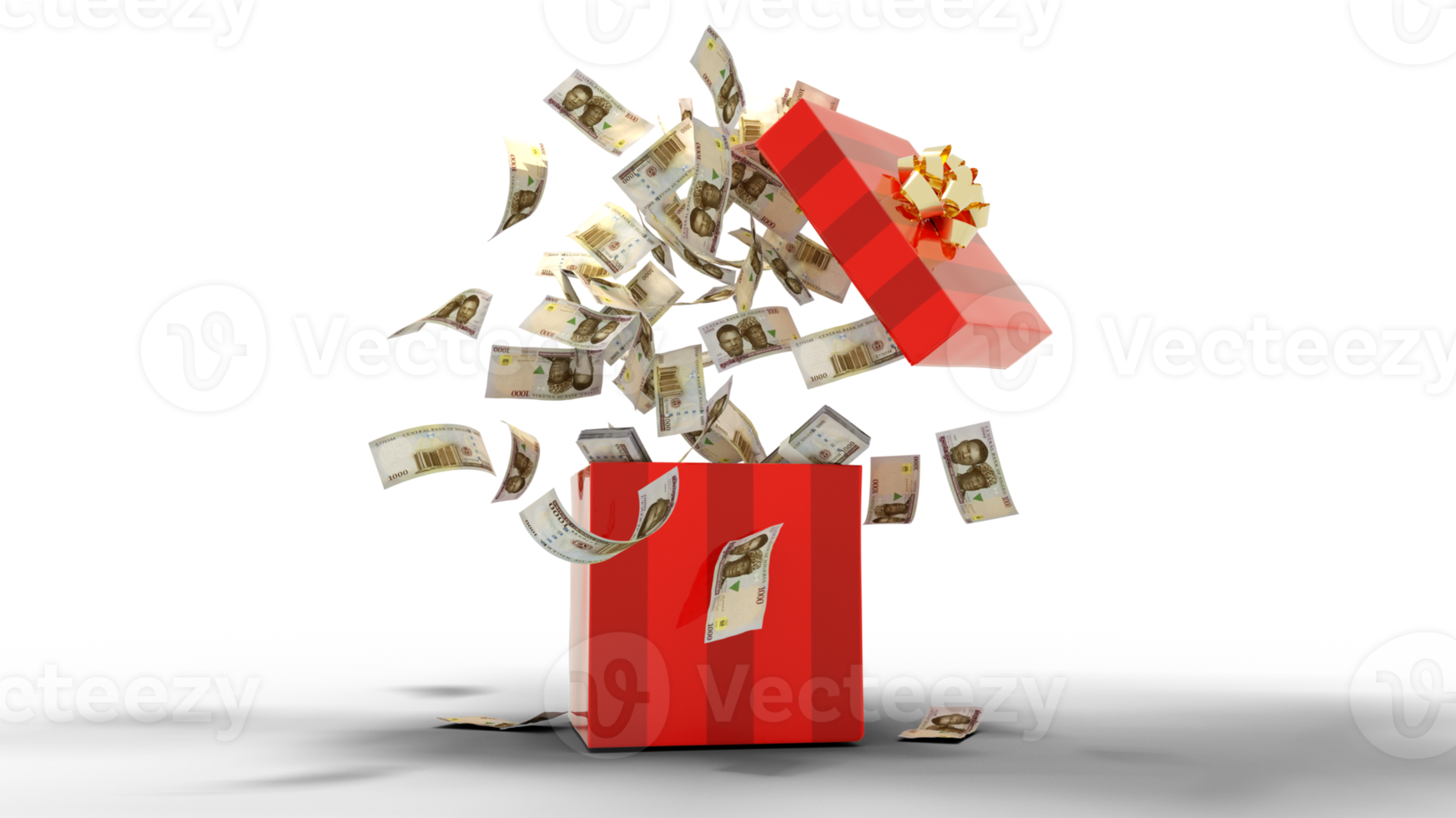 3D rendering of A lot of Nigerian Naira notes coming out of an opened red gift box png