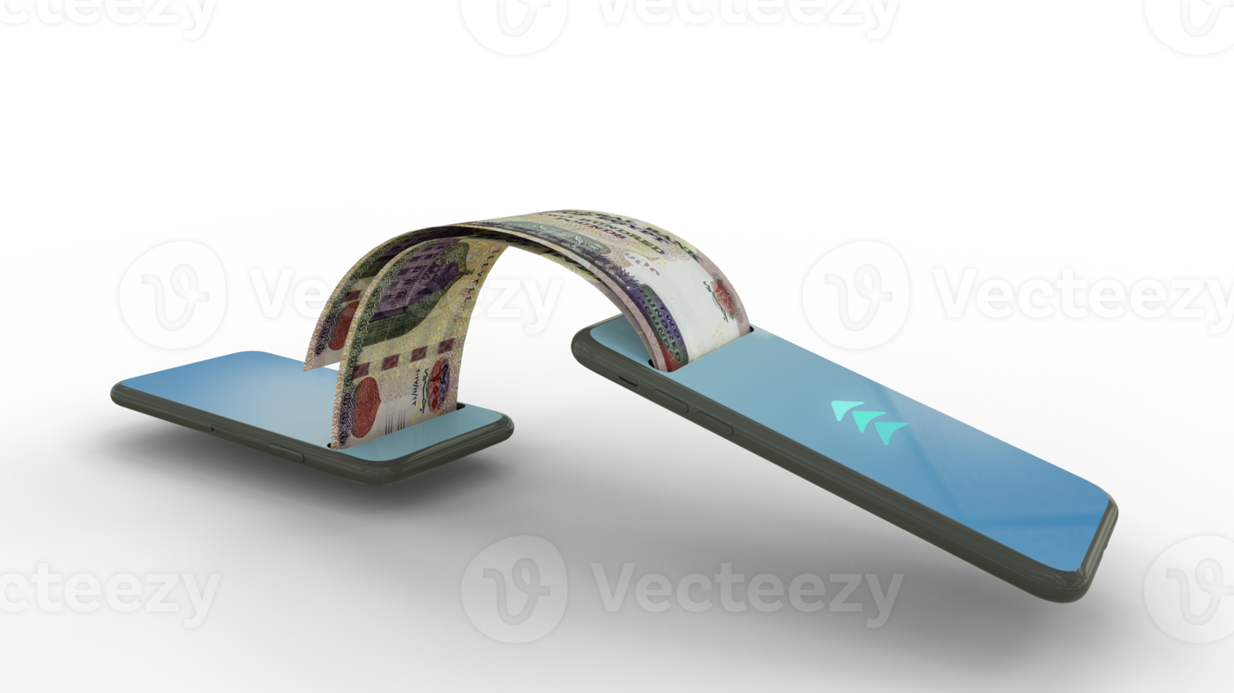 3D rendering of Egyptian pound notes transferring from one phone to another. mobile money transaction concept png