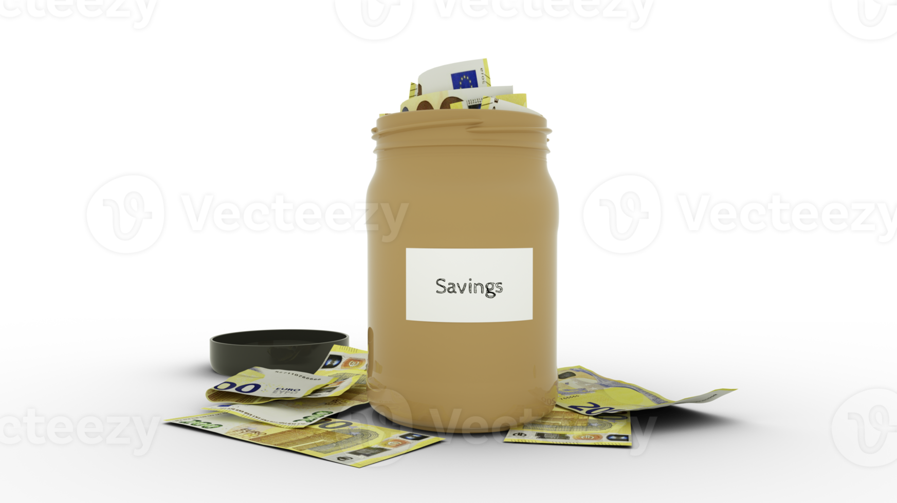 3D rendering of Euro notes in savings container. container filled to the top with European currency notes png