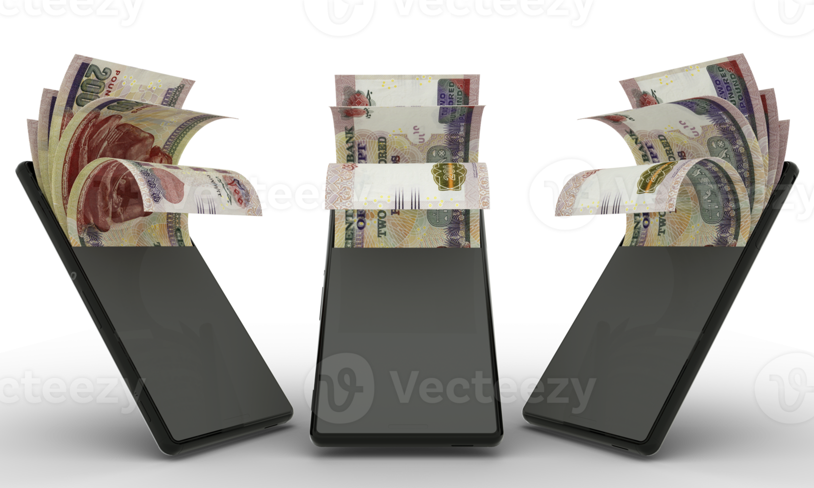 Egyptian pound notes inside a mobile phone. money coming out of mobile phone. 3d rendering of set of mobile money transaction concept. money from Phone png