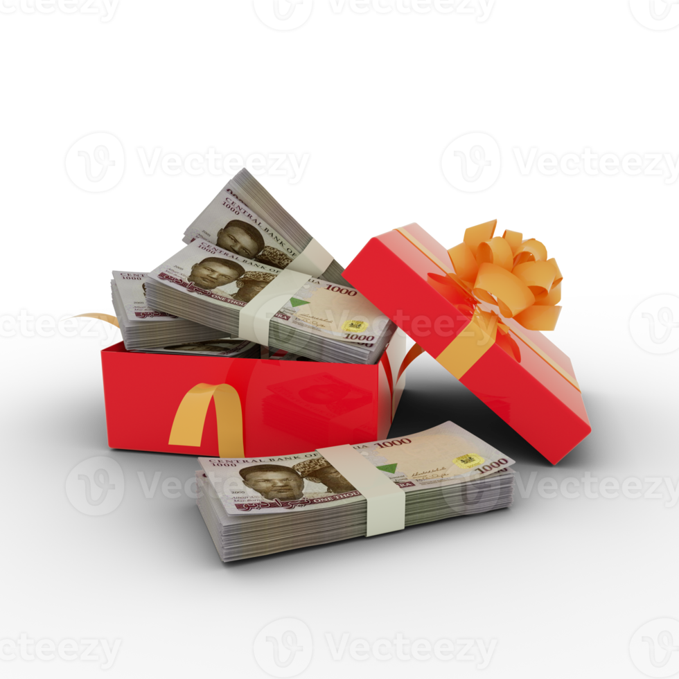 Stack of Nigerian naira notes inside an open red gift box. Bundles of Nigerian naira inside a gift box. 3d rendering of money inside box isolated on transparent background png