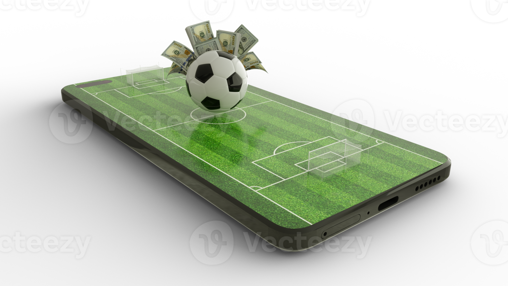 3d rendering of soccer field on mobile phone screen. US dollar notes with Football on phone screen. Soccer pitch on smartphone screen isolated on transparent background. bet and win concept png