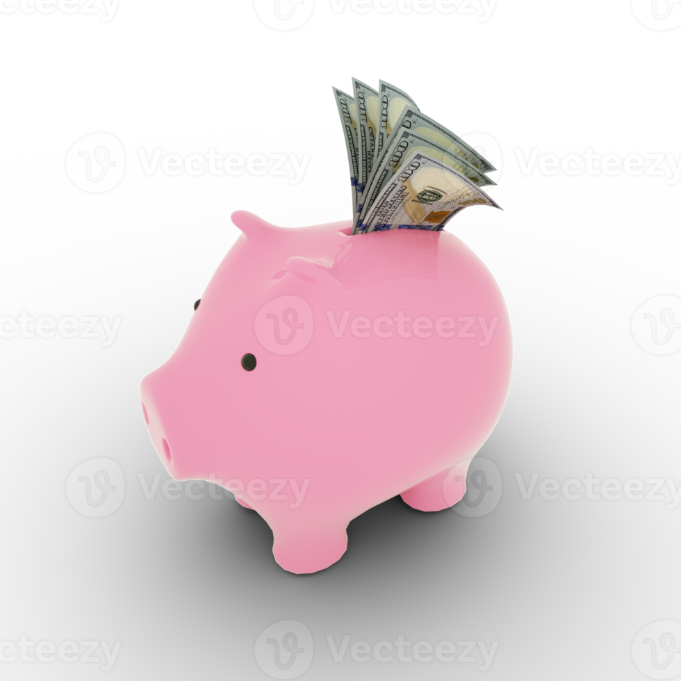 US dollars inside pink Piggy Bank, money in piggy bank, savings concept, 3d rendering png