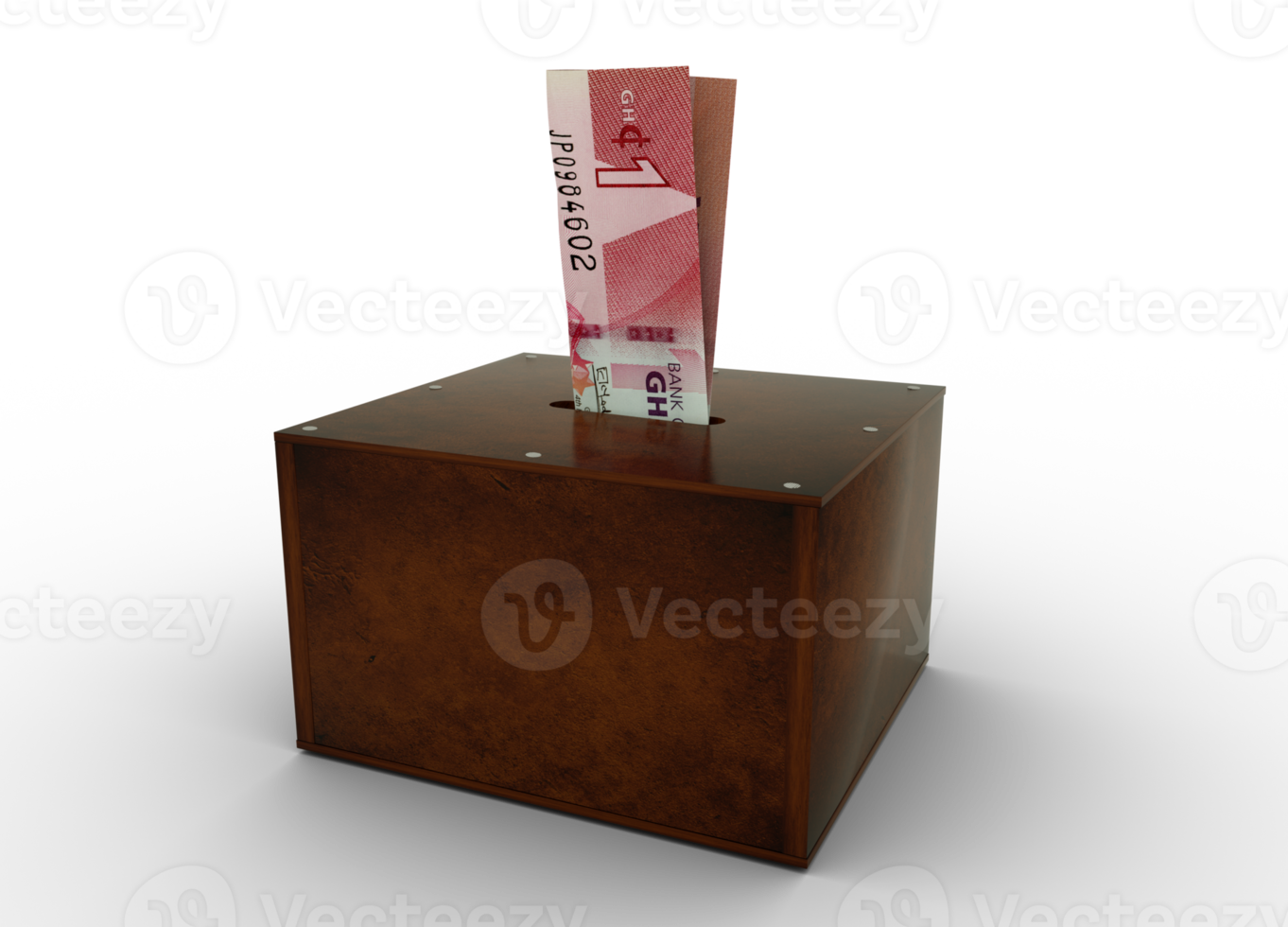 Ghanaian cedi notes inside an open wooden savings box. Generic Bank, Penny Bank, Money Box. 3d rendering png