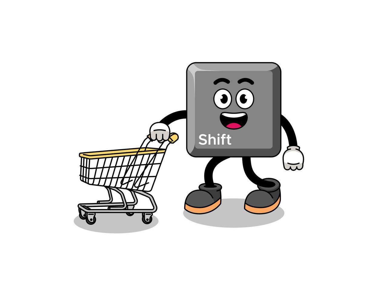 caricatura de la tecla shift del teclado sosteniendo un carrito de compras vector