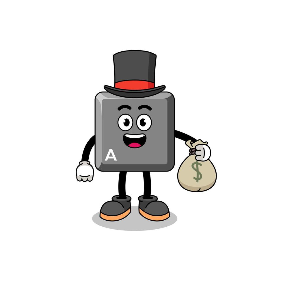 keyboard A key mascot illustration rich man holding a money sack vector