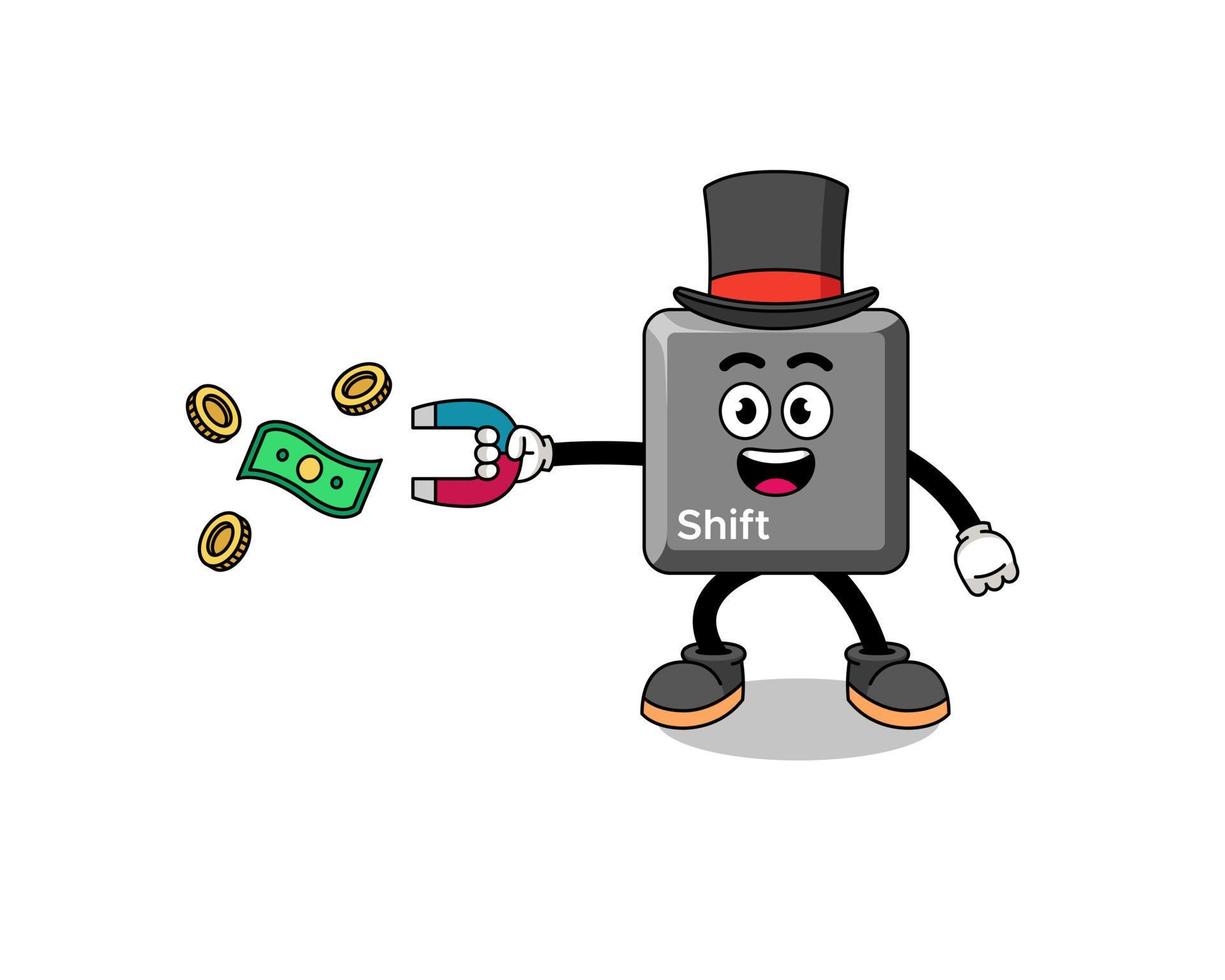 Character Illustration of keyboard shift key catching money with a magnet vector