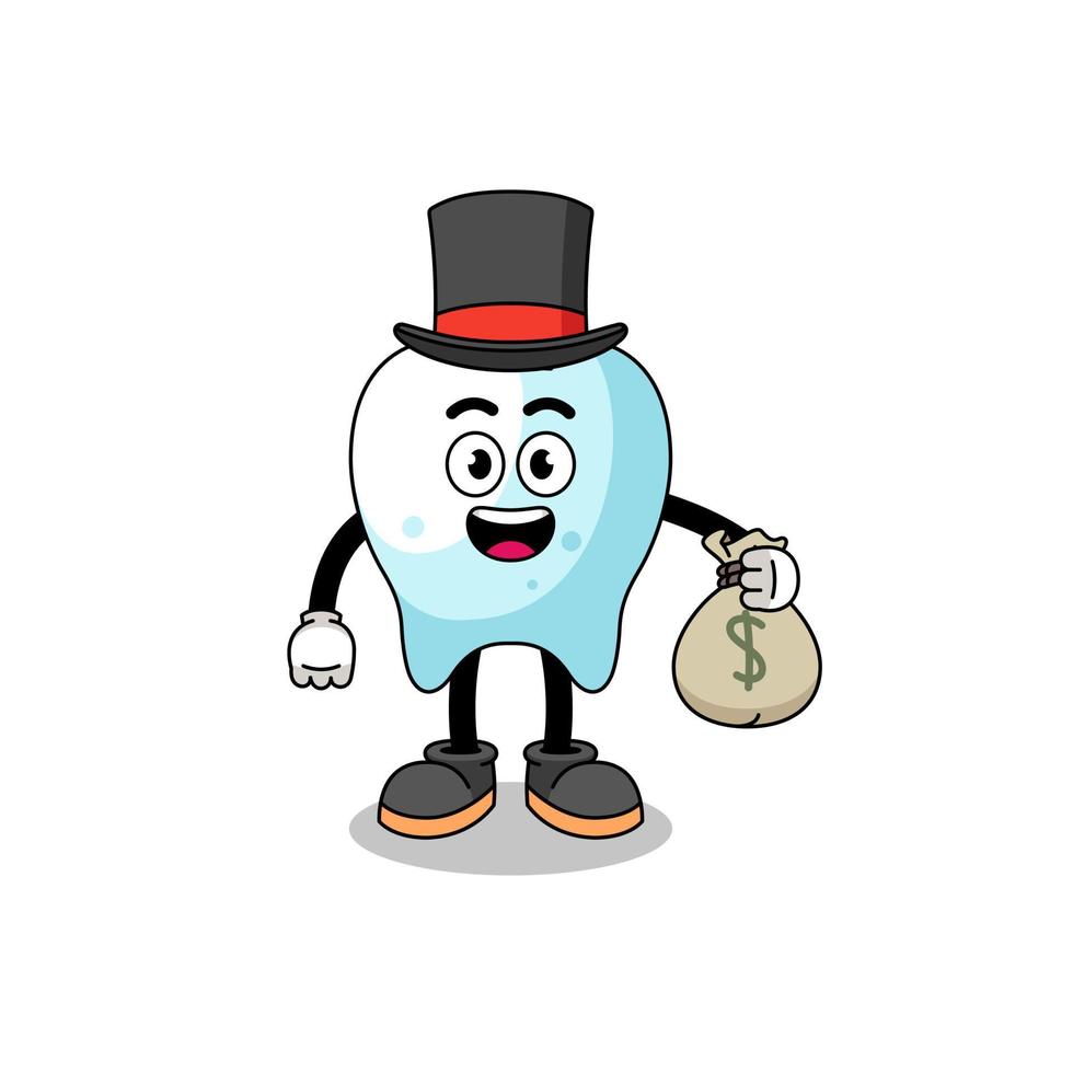 tooth mascot illustration rich man holding a money sack vector