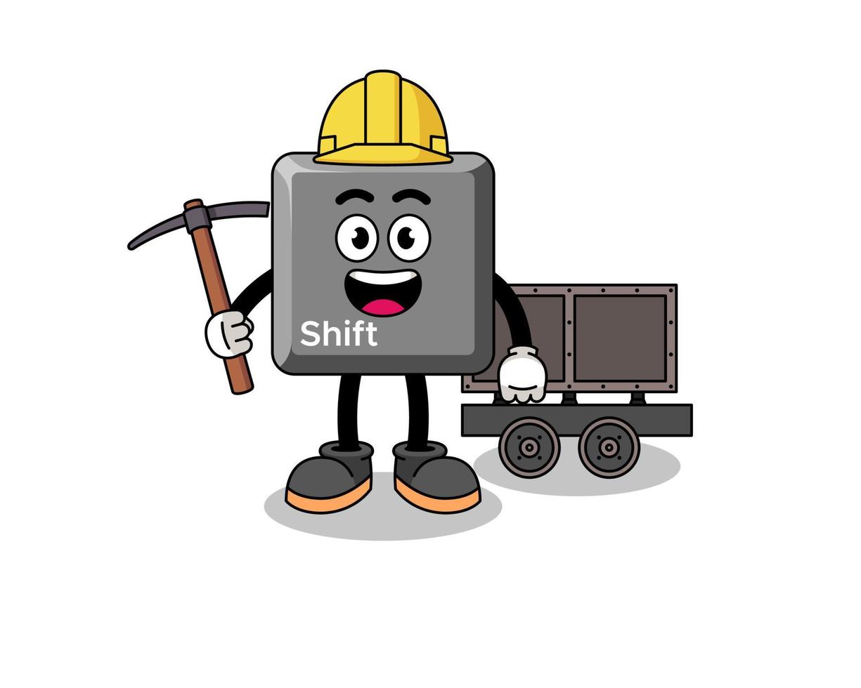 ilustración de la mascota del minero de la tecla shift del teclado vector