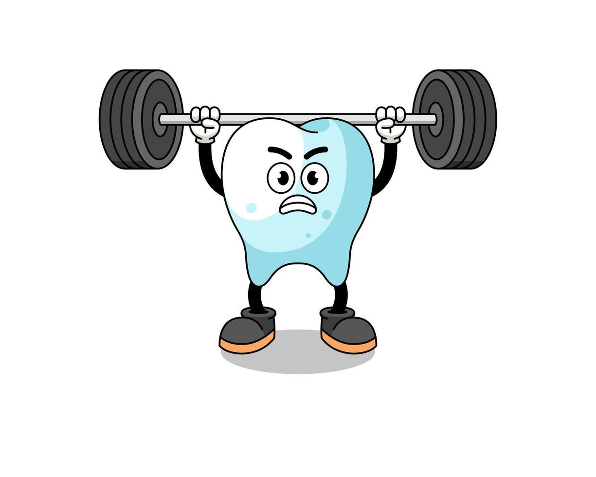 tooth mascot cartoon lifting a barbell vector