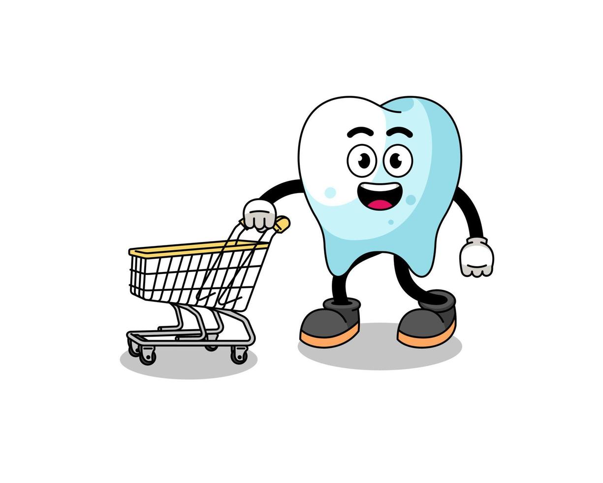 Cartoon of tooth holding a shopping trolley vector