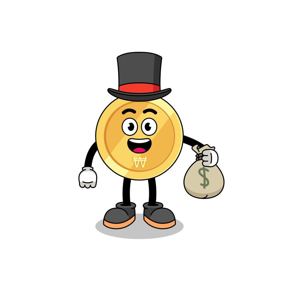 ilustración de mascota de won surcoreano hombre rico sosteniendo una bolsa de dinero vector