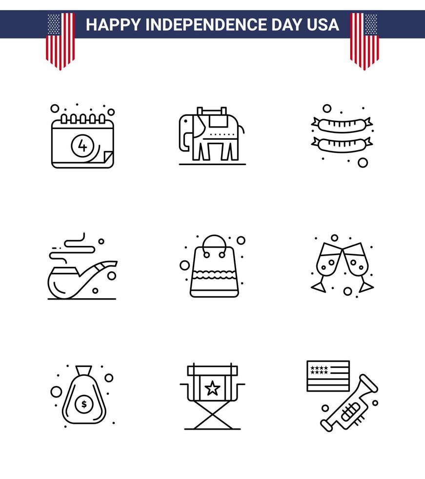 Set of 9 Modern Lines pack on USA Independence Day beer packages frankfurter money st Editable USA Day Vector Design Elements