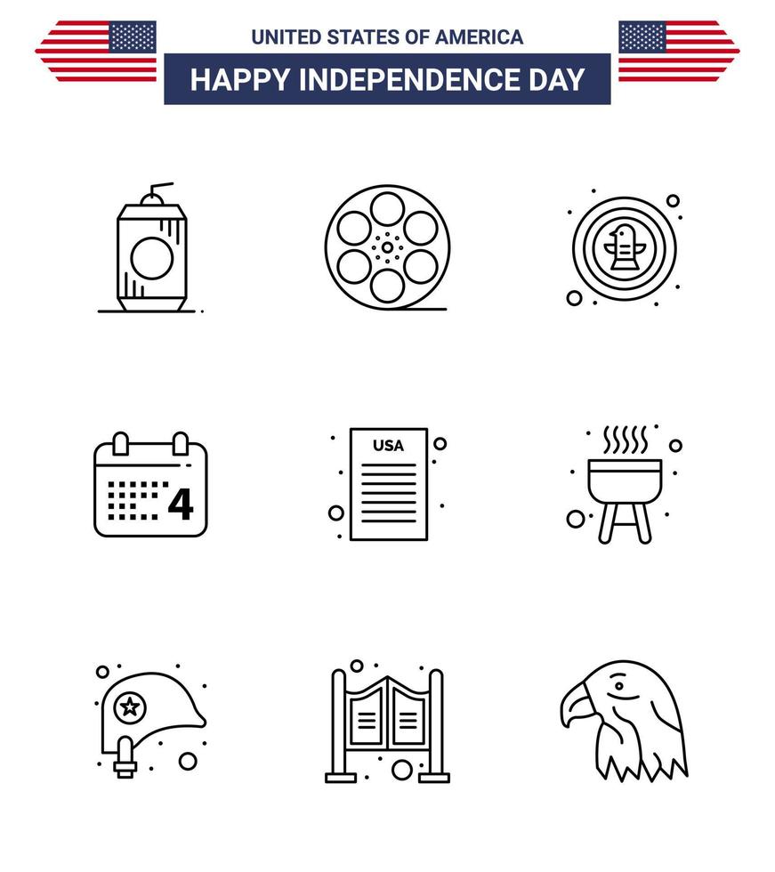 Group of 9 Lines Set for Independence day of United States of America such as declaration date american day badge Editable USA Day Vector Design Elements