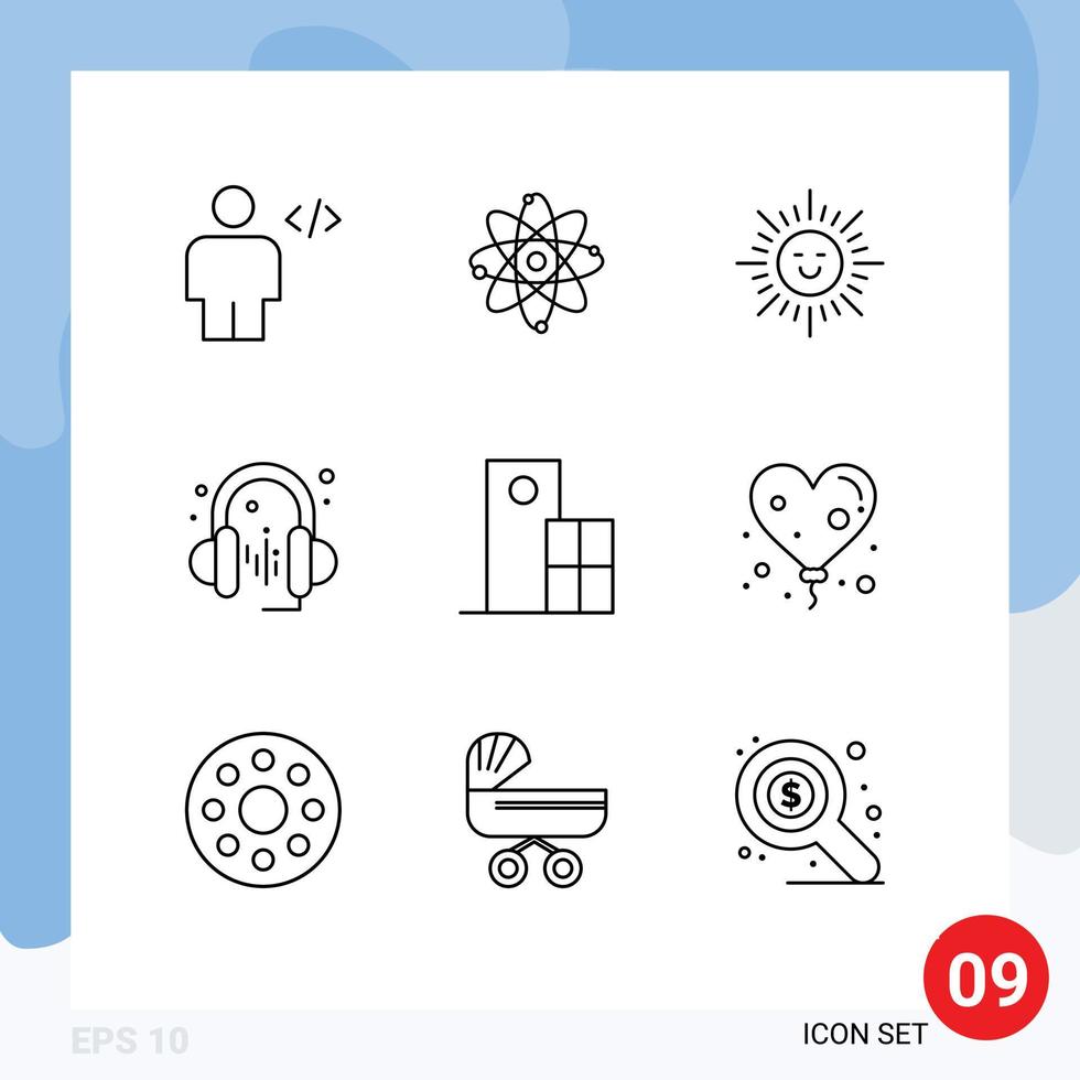 Editable Vector Line Pack of 9 Simple Outlines of clock architecture laboratory sound headphone Editable Vector Design Elements