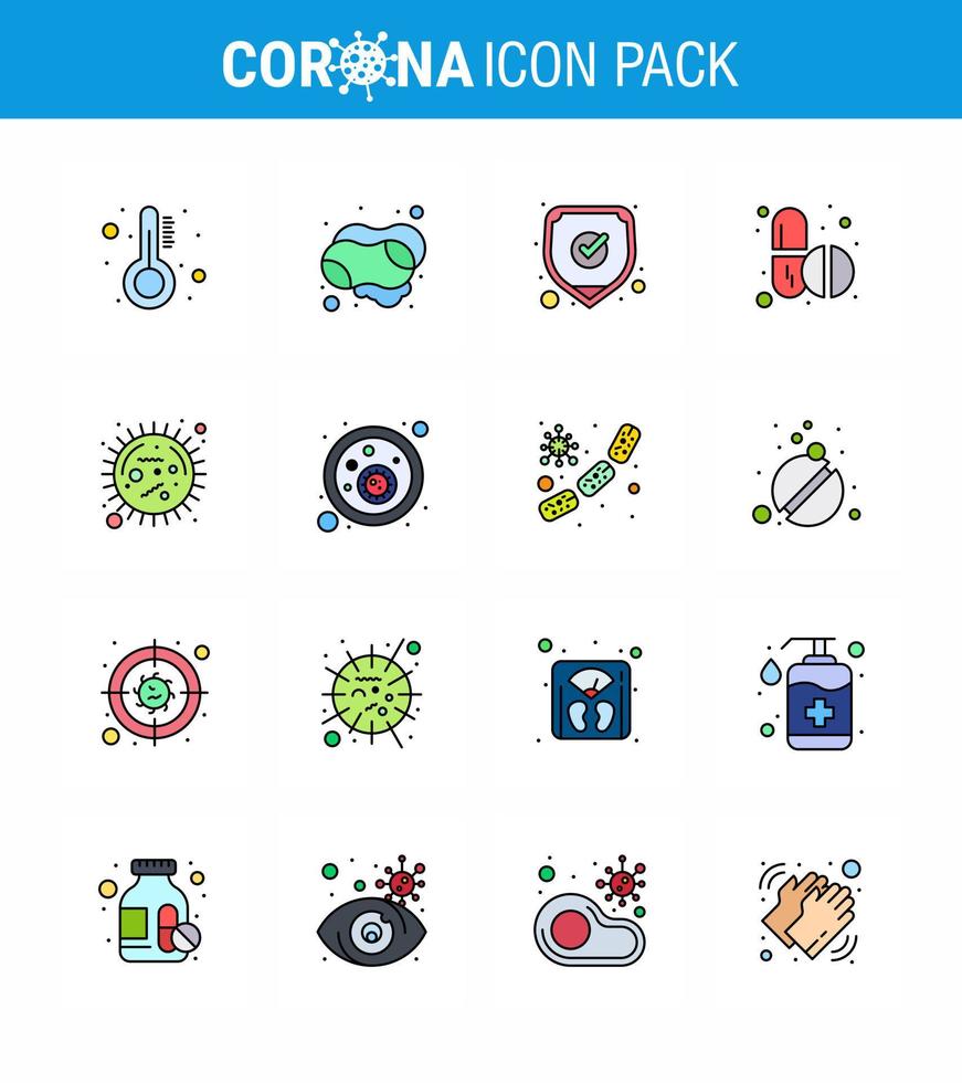 Paquete de iconos de corona de virus viral de línea rellena de 16 colores planos, como cápsula de bacterias, tabletas médicas, medicina, coronavirus viral 2019nov, elementos de diseño de vectores de enfermedad